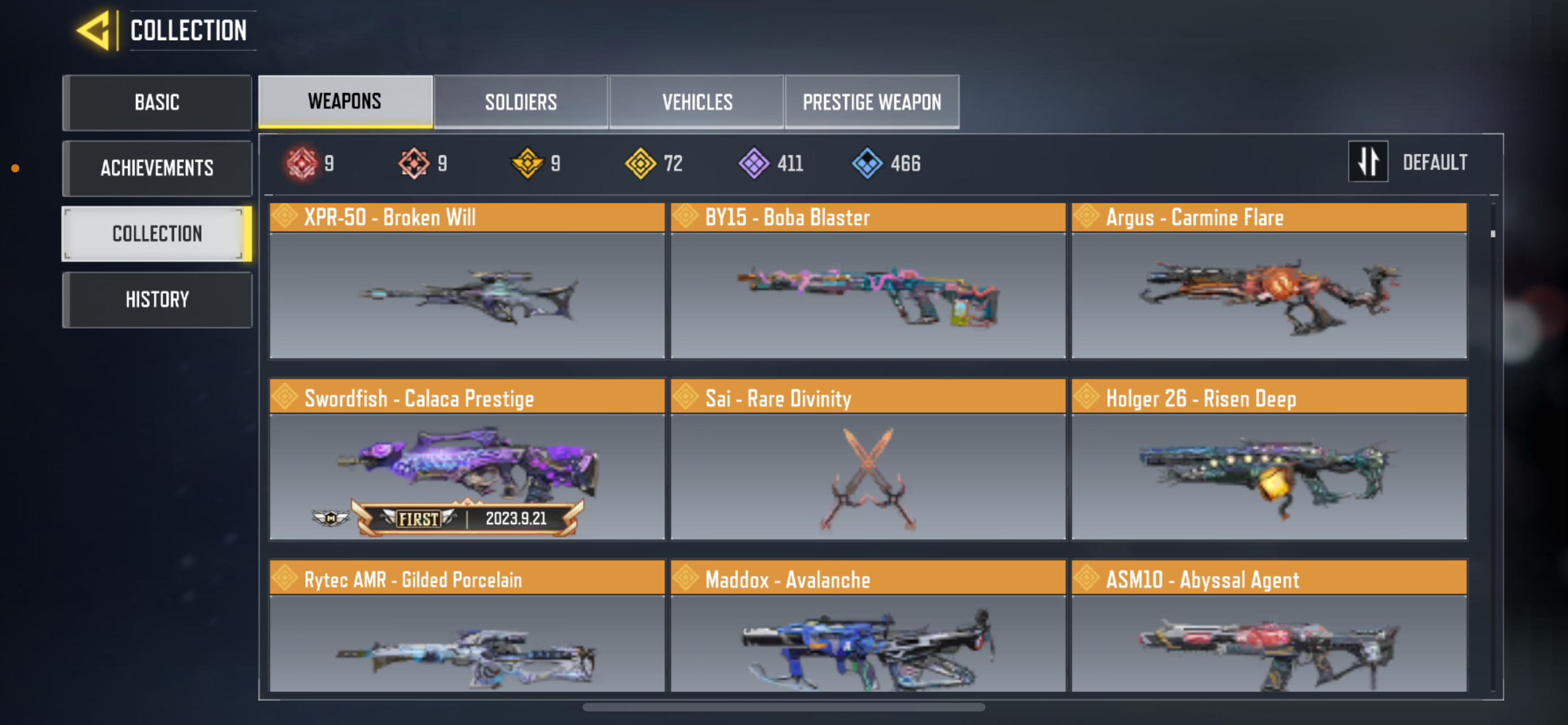 9 MYTHICS GUNS , 72 LEGENDARY GUNS, 1 MYTHIC CHARACTER, 4 LEGENDARY CHARACTER