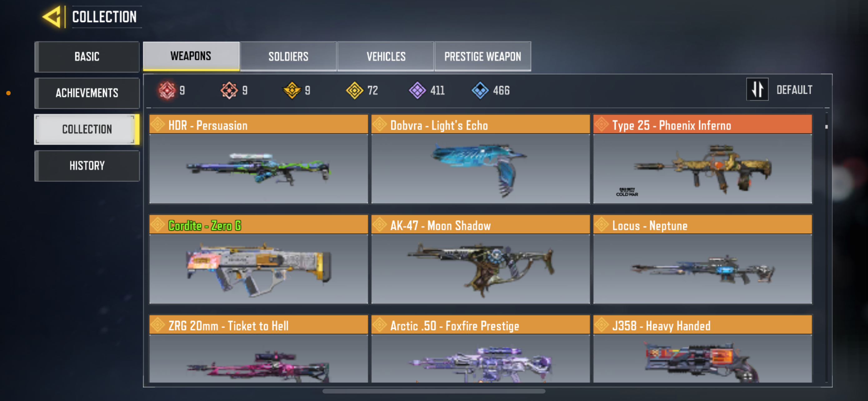 9 MYTHICS GUNS , 72 LEGENDARY GUNS, 1 MYTHIC CHARACTER, 4 LEGENDARY CHARACTER