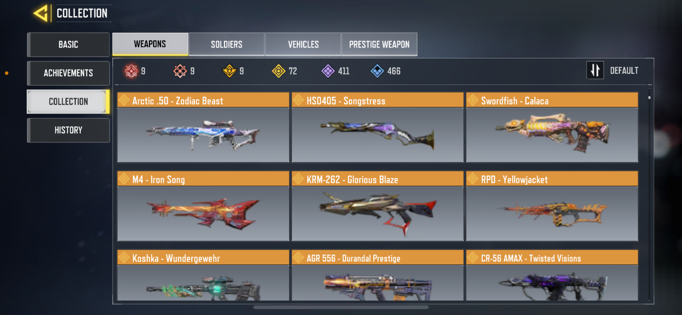 9 MYTHICS GUNS , 72 LEGENDARY GUNS, 1 MYTHIC CHARACTER, 4 LEGENDARY CHARACTER