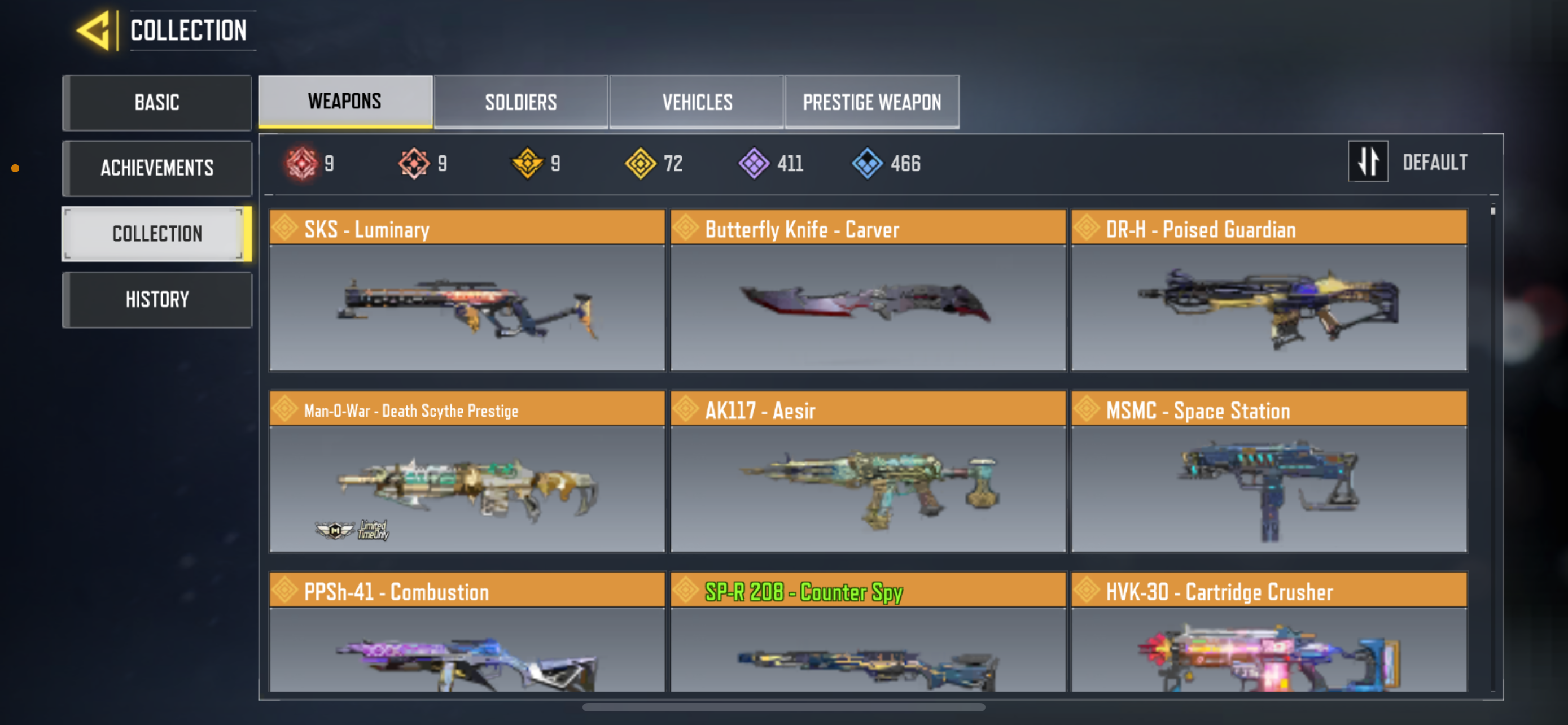 9 MYTHICS GUNS , 72 LEGENDARY GUNS, 1 MYTHIC CHARACTER, 4 LEGENDARY CHARACTER