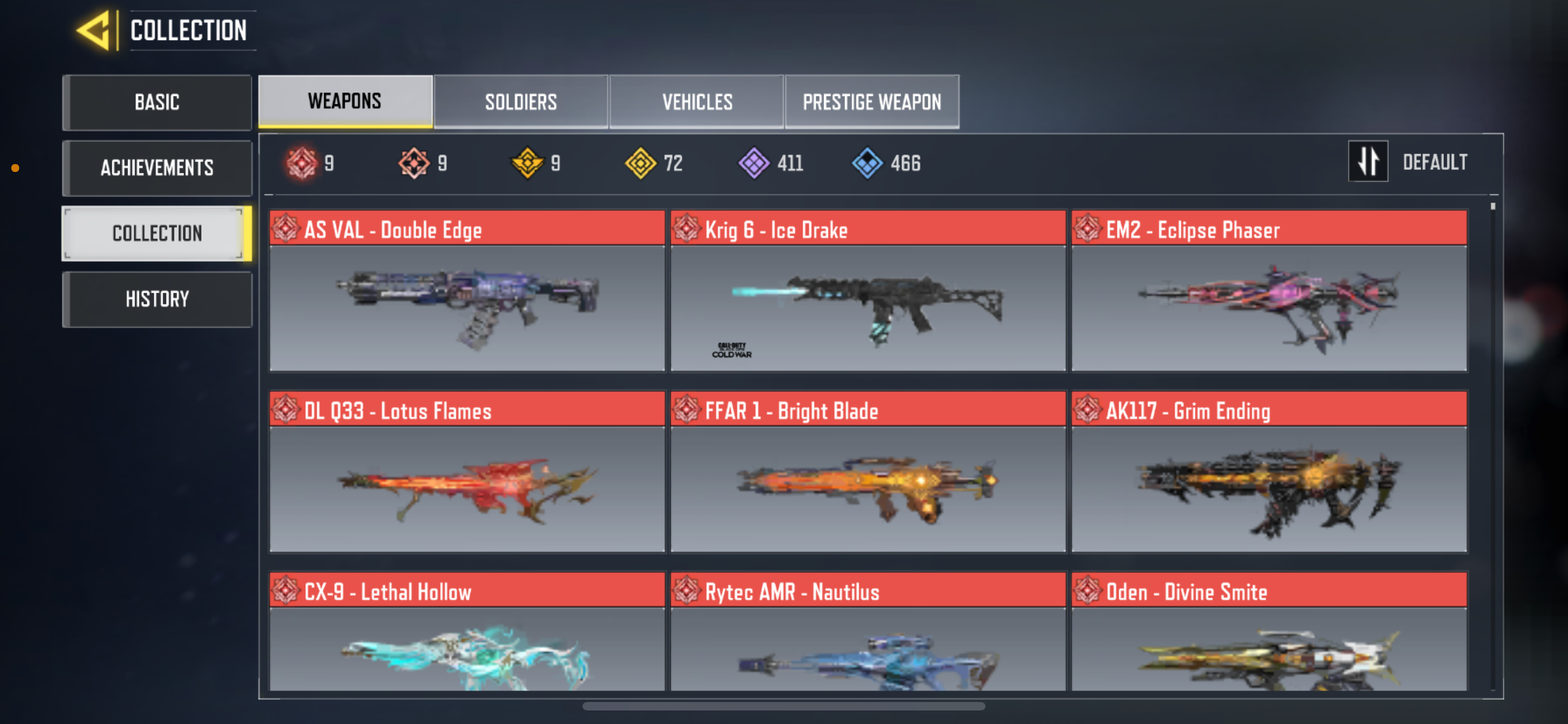 9 MYTHICS GUNS , 72 LEGENDARY GUNS, 1 MYTHIC CHARACTER, 4 LEGENDARY CHARACTER