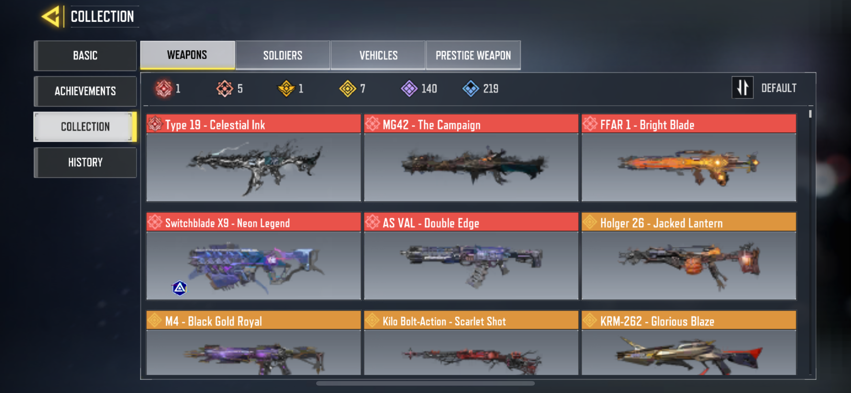 5 MYTHIC WEAPONS, 7 LEGENDARY WEAPONS, 1 MYTHIC SOLDIER, 1 LEGENDARY SOLDIER, 56 EPIC SOLDIERS