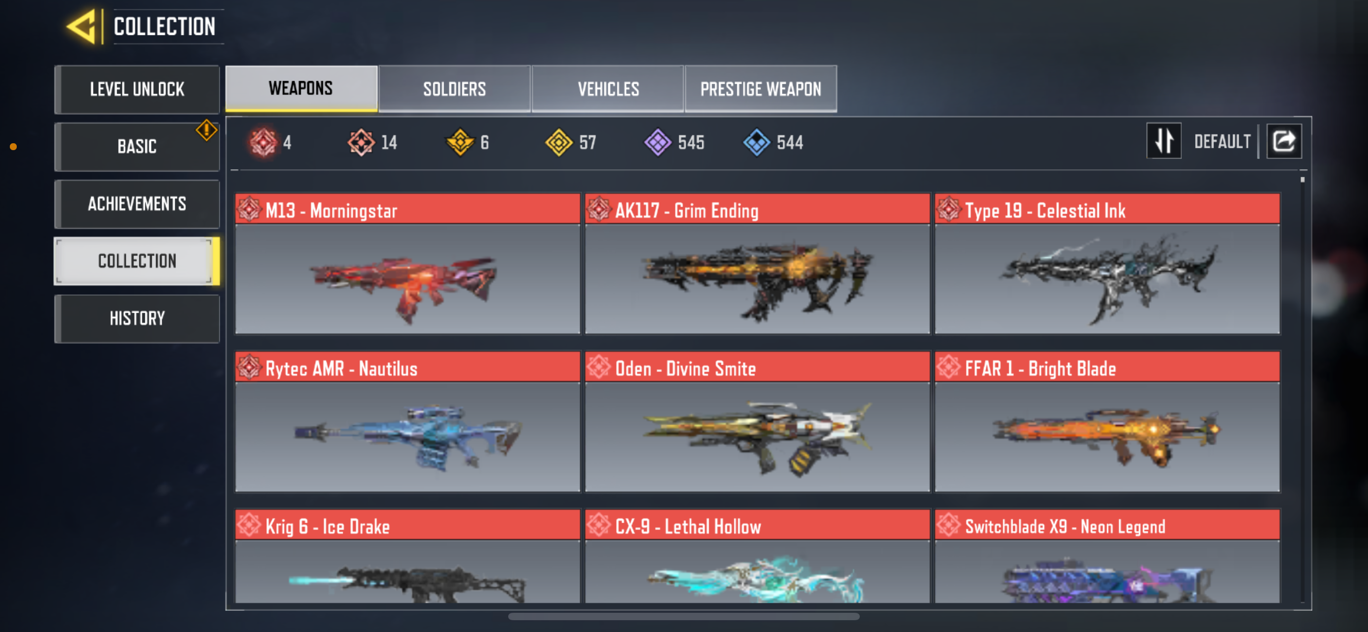 14 MYTHIC GUNS, 57 LEGENDARY GUNS, 2 MYTHIC SOLDIERS, 8 LEGENDARY SOLDIERS, 262 EPIC SOLDIERS