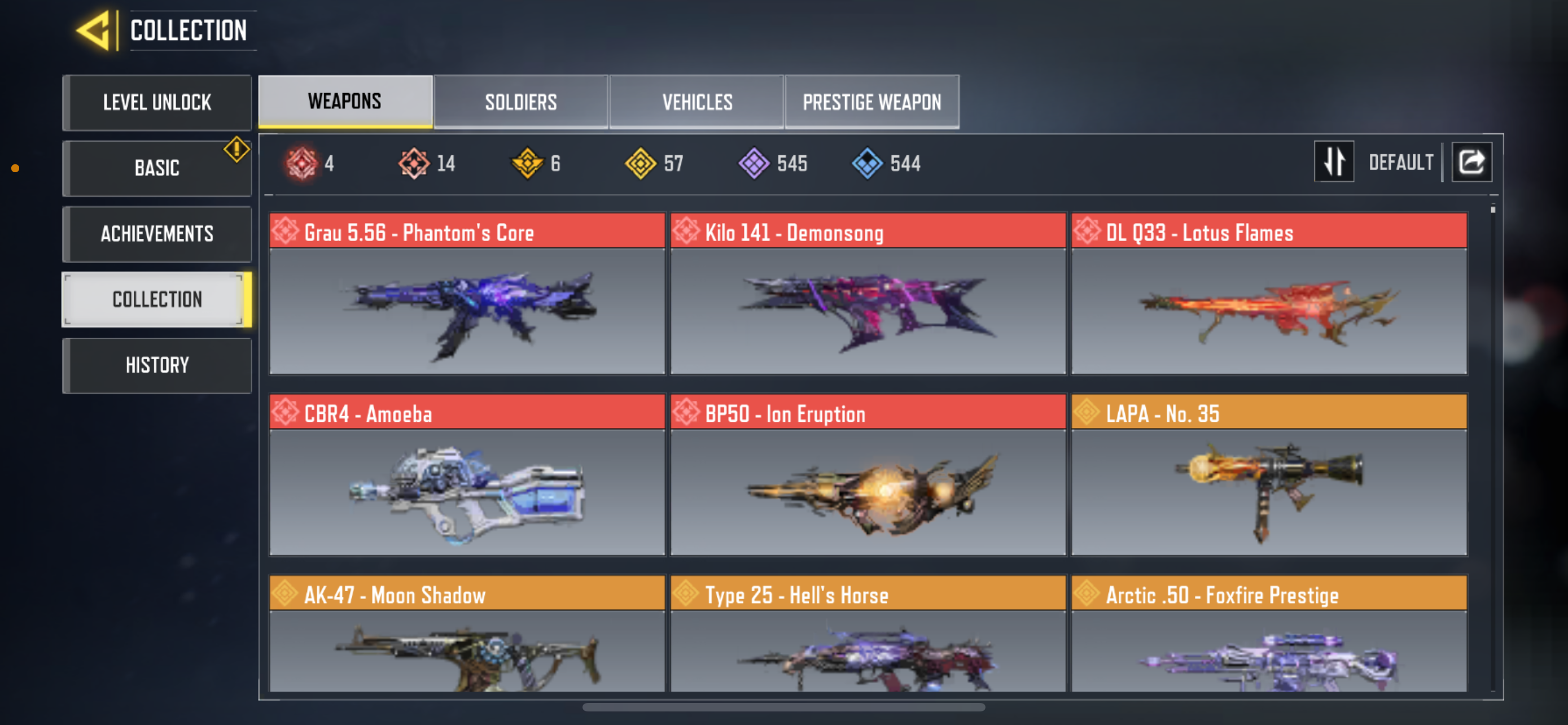 14 MYTHIC GUNS, 57 LEGENDARY GUNS, 2 MYTHIC SOLDIERS, 8 LEGENDARY SOLDIERS, 262 EPIC SOLDIERS