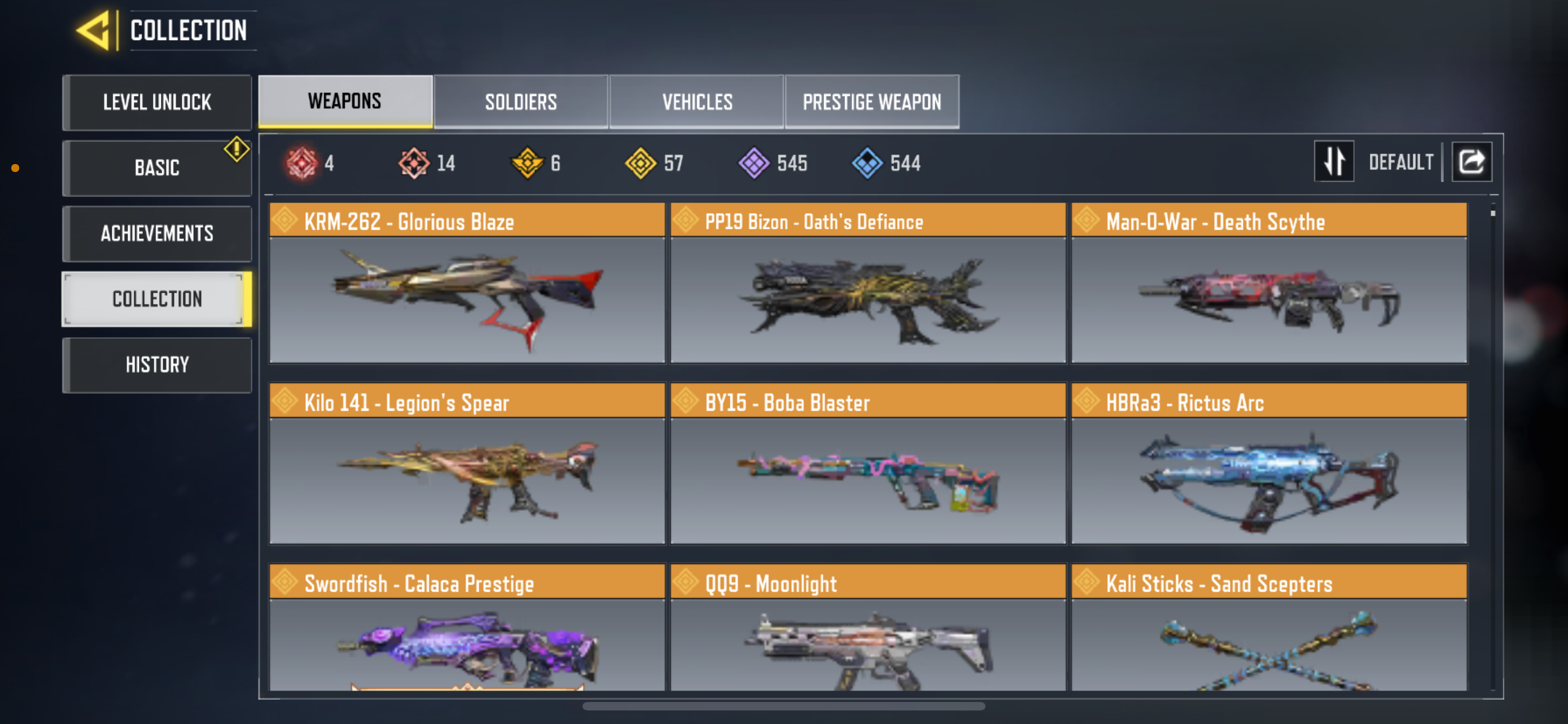 14 MYTHIC GUNS, 57 LEGENDARY GUNS, 2 MYTHIC SOLDIERS, 8 LEGENDARY SOLDIERS, 262 EPIC SOLDIERS