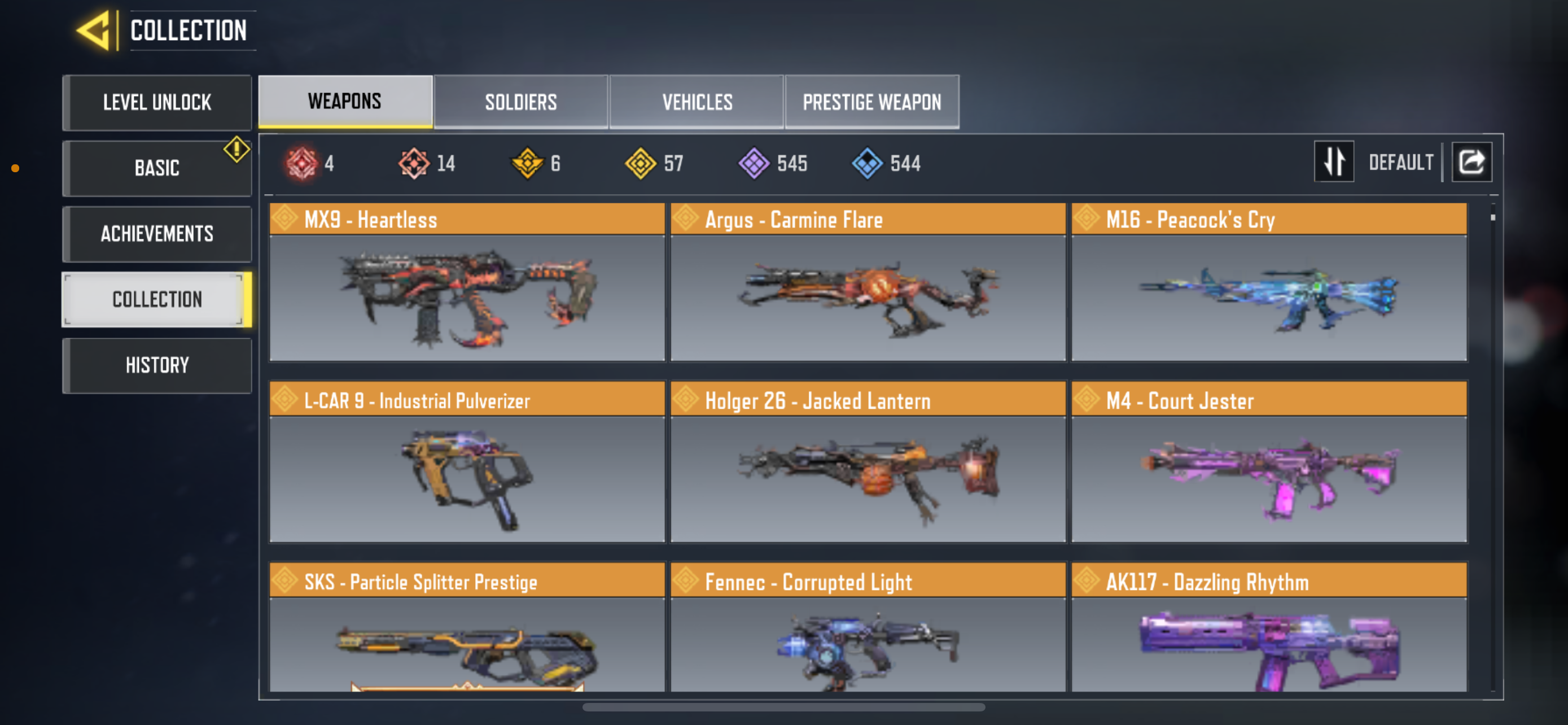 14 MYTHIC GUNS, 57 LEGENDARY GUNS, 2 MYTHIC SOLDIERS, 8 LEGENDARY SOLDIERS, 262 EPIC SOLDIERS