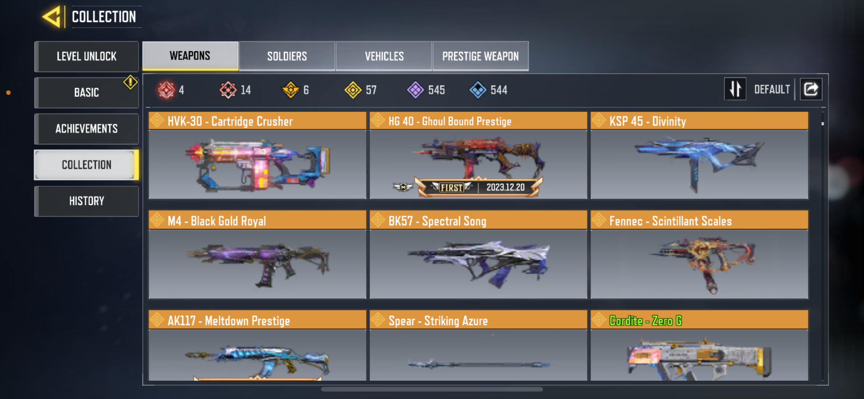 14 MYTHIC GUNS, 57 LEGENDARY GUNS, 2 MYTHIC SOLDIERS, 8 LEGENDARY SOLDIERS, 262 EPIC SOLDIERS