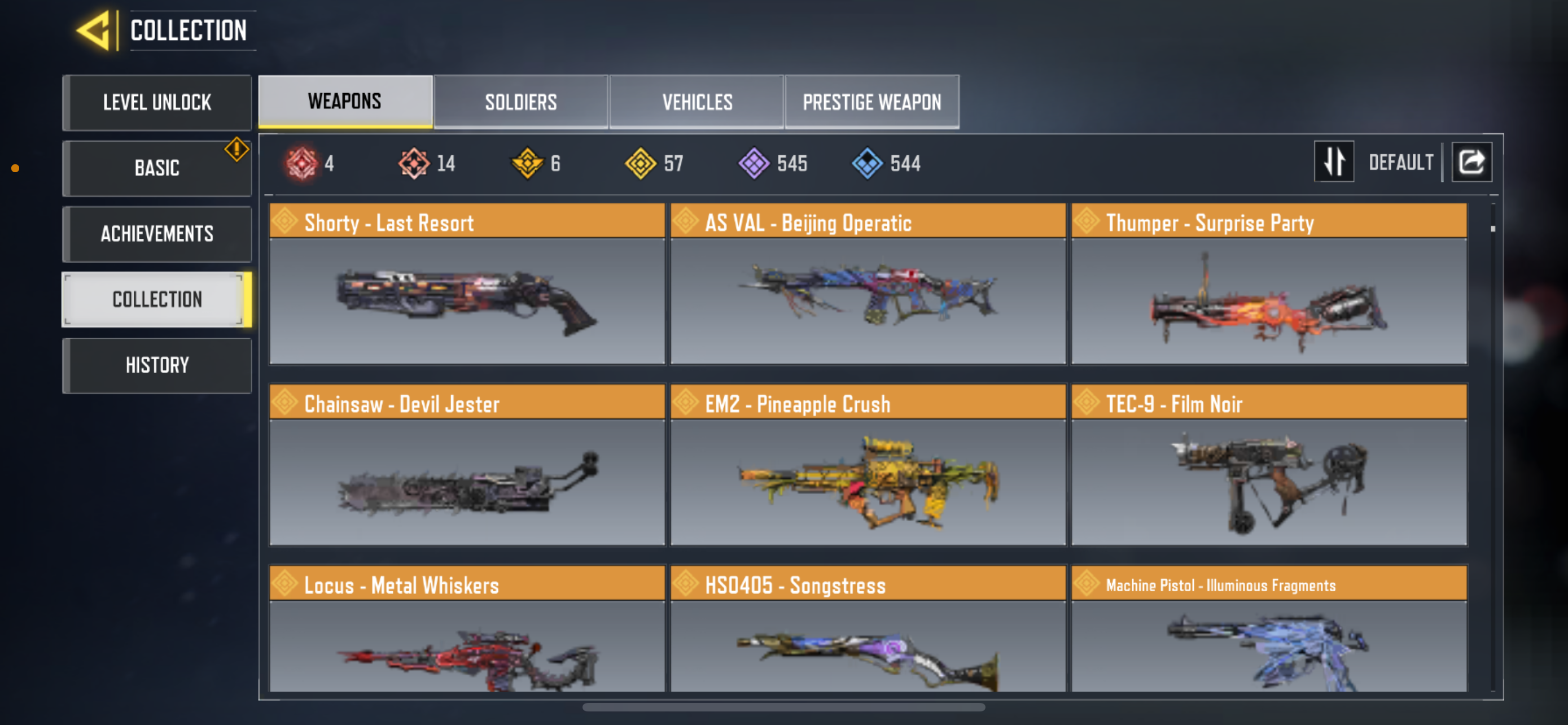 14 MYTHIC GUNS, 57 LEGENDARY GUNS, 2 MYTHIC SOLDIERS, 8 LEGENDARY SOLDIERS, 262 EPIC SOLDIERS