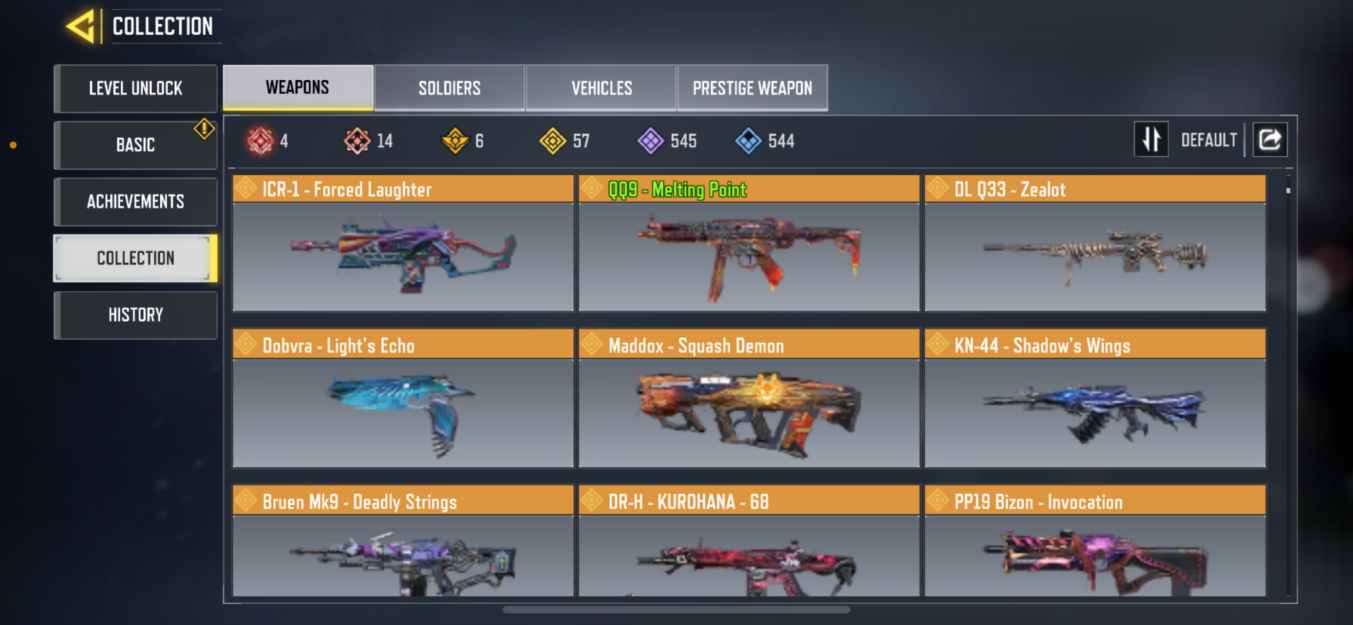 14 MYTHIC GUNS, 57 LEGENDARY GUNS, 2 MYTHIC SOLDIERS, 8 LEGENDARY SOLDIERS, 262 EPIC SOLDIERS
