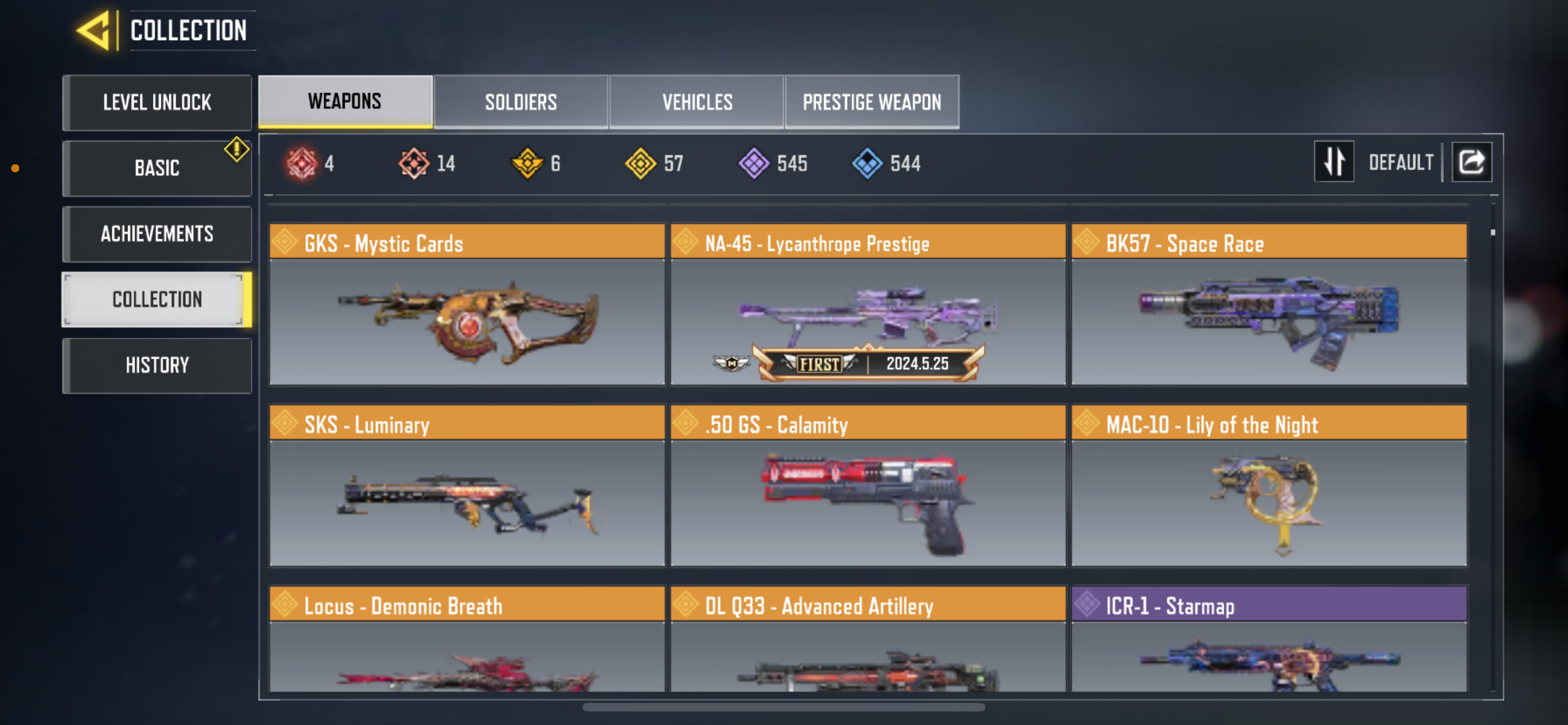 14 MYTHIC GUNS, 57 LEGENDARY GUNS, 2 MYTHIC SOLDIERS, 8 LEGENDARY SOLDIERS, 262 EPIC SOLDIERS